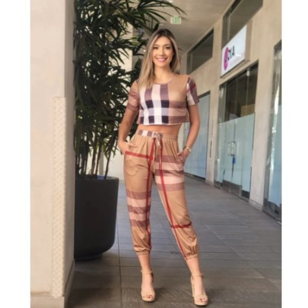 Women's Mocha Pants Casual Two piece Set High Quality Stretchy Size S. M. L.